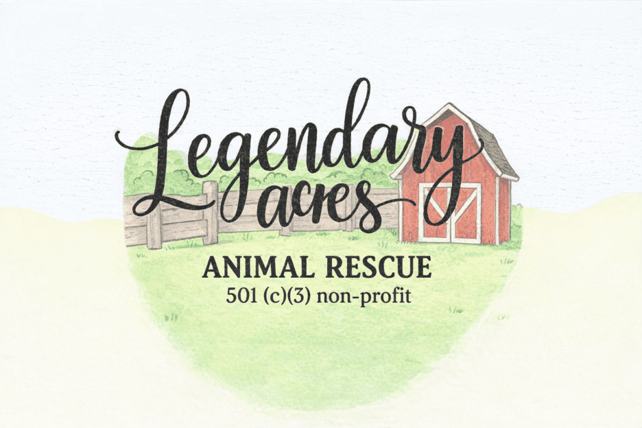 Animal Rescue Official logo for Legendary Acres Animal Rescue featuring a watercolor illustration of a red barn and rustic wooden fence.