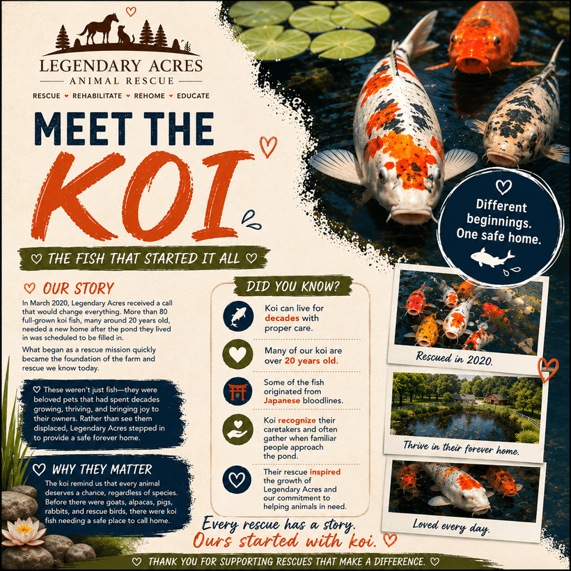 Meet the Koi graphic infographic explaining the rescue story and facts of the fish that started it all at Legendary Acres Animal Rescue.